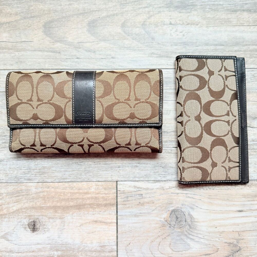 Vintage Y2K Coach Hampton Signature Clutch Checkbook Wallet 2 Piece Brown Khaki